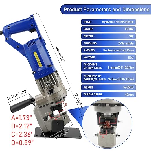 1300W Electric Hydraulic Hole Puncher, 110V Hydraulic Press Punching Tool, Metal Electric Punching Machine with Die 過1/4" 3/8" 1/2" 11/16" 4/5", for Steel, Aluminum, Copper