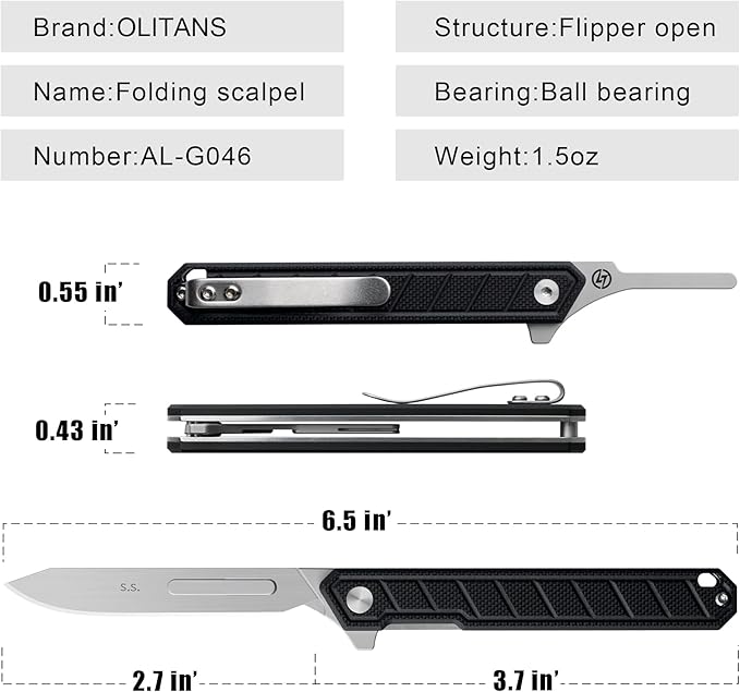 G046 Mecha Mini Slim Folding Scalpel with 5pcs #24 and 5pcs #60 G11 Handle with Liner Lock, Utility EDC Pocket Knife with Back Clip（Black）