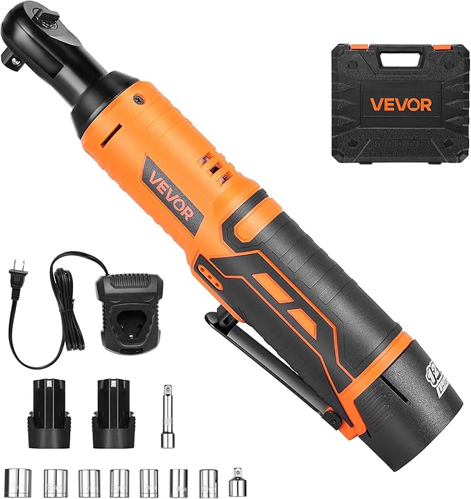 VEVOR Cordless Ratchet Wrench, 3/8 inch Drive, 240 RPM, up to 33 ft-lbs of Torque, Battery Powered Electric Ratchet Wrench Set with Two 2.0Ah Batteries, Charger, Sockets, Adaptor and Extension Bar