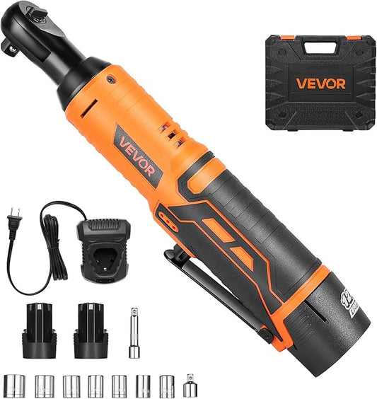 VEVOR Cordless Ratchet Wrench, 3/8 inch Drive, 240 RPM, up to 33 ft-lbs of Torque, Battery Powered Electric Ratchet Wrench Set with Two 2.0Ah Batteries, Charger, Sockets, Adaptor and Extension Bar