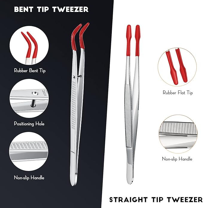 2 Piece Tweezers with Rubber Tips Set - Bent and Straight Flat Tips Tweezers PVC Coated for Stamp Coins Jewelry Crafts, Electronics(Silver, Red)
