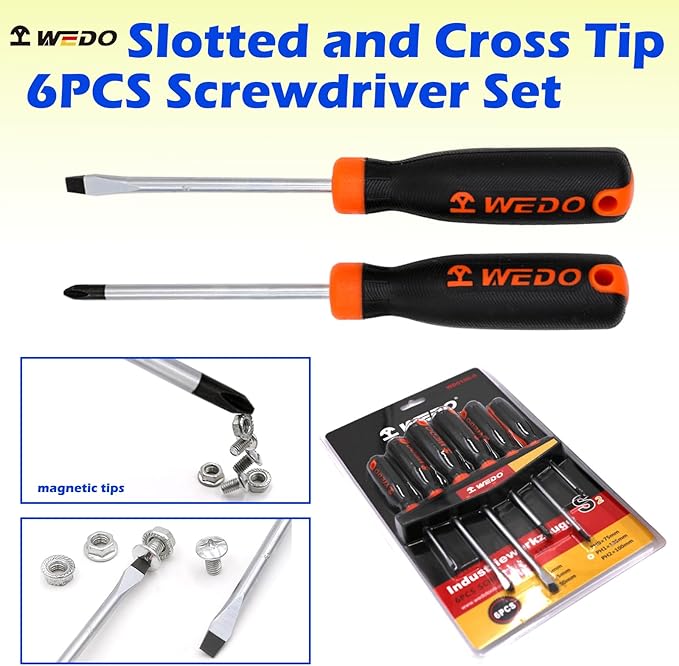 WEDO 6Pcs Screwdriver Set, Magnetic Screwdriver with 3 Flat& 3 Philips Head Tips, PH0*75mm, PH1*125mm, PH2*100mm, 3 * 75mm, 5 * 125mm, 6 * 150mm, Heavy Duty S2 Steel Made