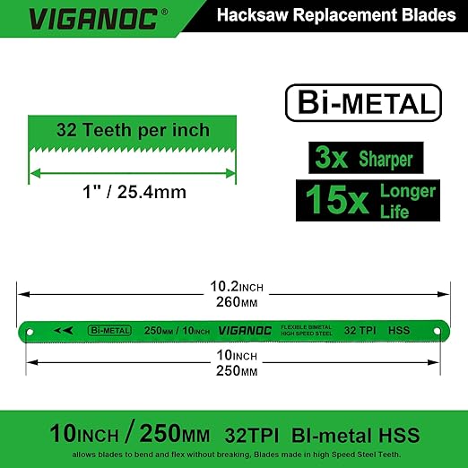 10" (250mm) Hacksaw Replacement Blades, Bi-Metal High Speed Steel Hack Saw Blades - 32TPI HSS Saw Blades, 10 Pack