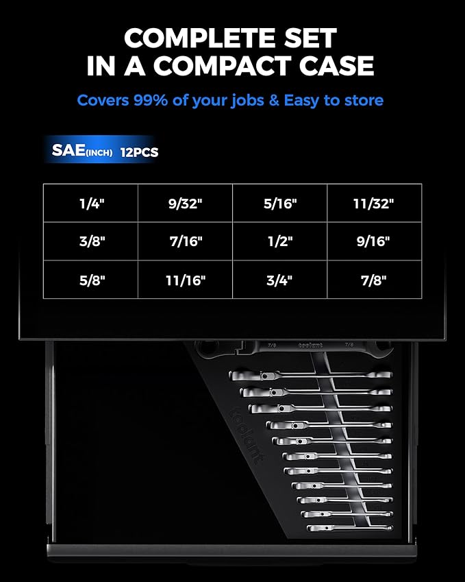 toolant 12pcs SAE Ratcheting Wrench Set, Flex-Head Ratchet Combination Wrench Sets with Switch Design, 1/4"-7/8", 90-Tooth and 4째 Swing, 12PCS with Storage Tray