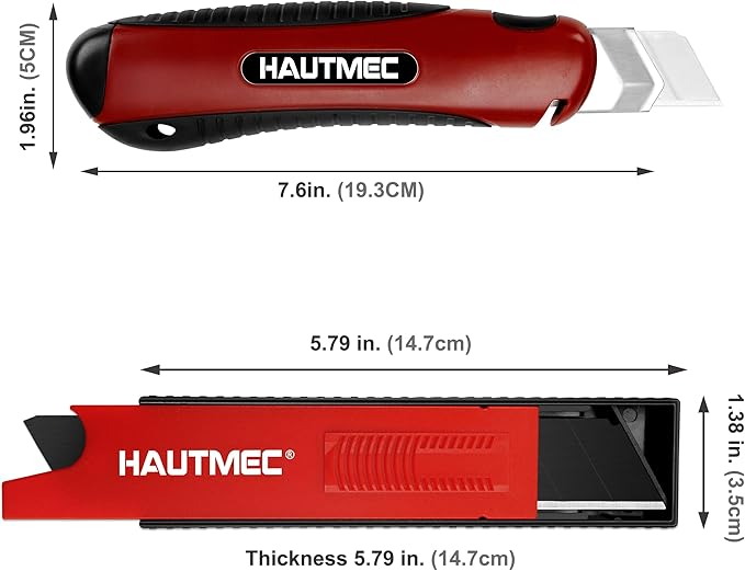 HAUTMEC 25mm Utility Knife Set, Heavy Duty Auto-Lock, Retractable Box Cutter, Wire Stripper Design, with extra 10pcs Ultra sharp Snap-off Sharp Blades HT0205-KN