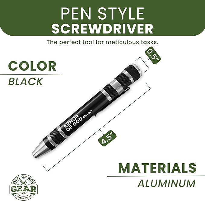 LOGOS TRADING POST 8-in-1 Bible Verse Pen Screwdriver Multitool - Armor of God, Eph 6:11 - Hidden 4.5" x 0.5" Pen Multitool with Screwdriver Bits, Storage Space & More - Christian Pocket Tools For Men