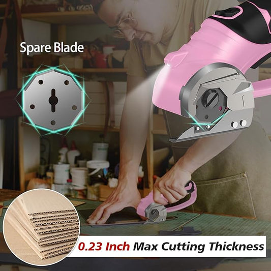 Cordless Electric Scissors, 4V Rechargeable Box Cutter & Cardboard Cutter with LED Light, Safety Lock - Rotary Cutter for Fabric, Leather, Carpet, Plastic, Crafting, Sewing with Storage Box (Pink)