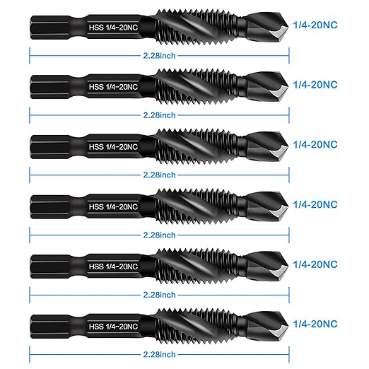6-Piece 1/4-20NC Combination Drill Tap Bit Set SAE, Made of High-Speed Steel with Anti-Rust Blackened Coating, Ideal for Soft Metal, Wood & Plastic, 1/4??UNC-20 Thread Size, 1/4??Hex Shank