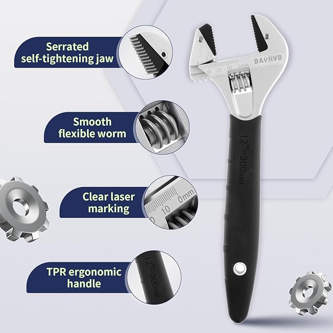 BAUNVB 2 Pack Adjustable Wrench Set, 8-inch and 12-inch Wrench with Serrated Self-tightening Jaw, 25mm and 43mm Wide Jaw Opening Wrench for Plumbing, Automotive, Industrial