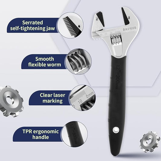 BAUNVB 2 Pack Adjustable Wrench Set, 8-inch and 12-inch Wrench with Serrated Self-tightening Jaw, 25mm and 43mm Wide Jaw Opening Wrench for Plumbing, Automotive, Industrial