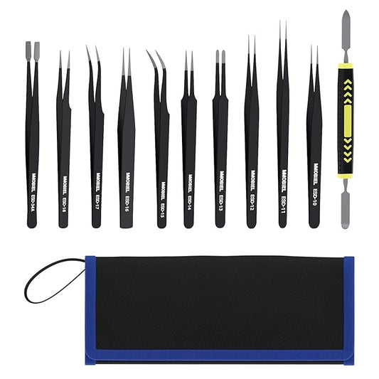 MMOBIEL 10x Industrial Precision ESD Tweezers Anti-Static Stainless Steel for Electronics Tools, Jewelry, Computer, Laboratory Work, Crafts and Hobbies etc. – Incl. Spatula and Case