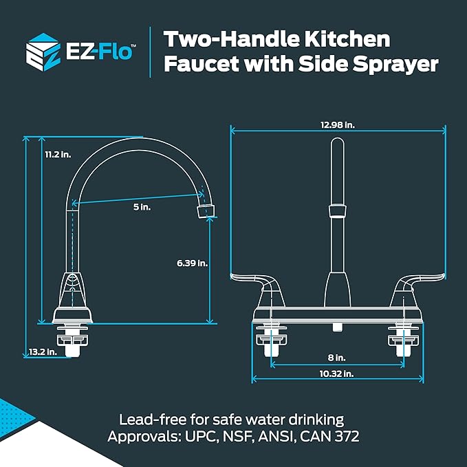 EZ-FLO Two-Handle High-Rise Kitchen Faucet with Sidespray, Stainless Steel, EZ-10201