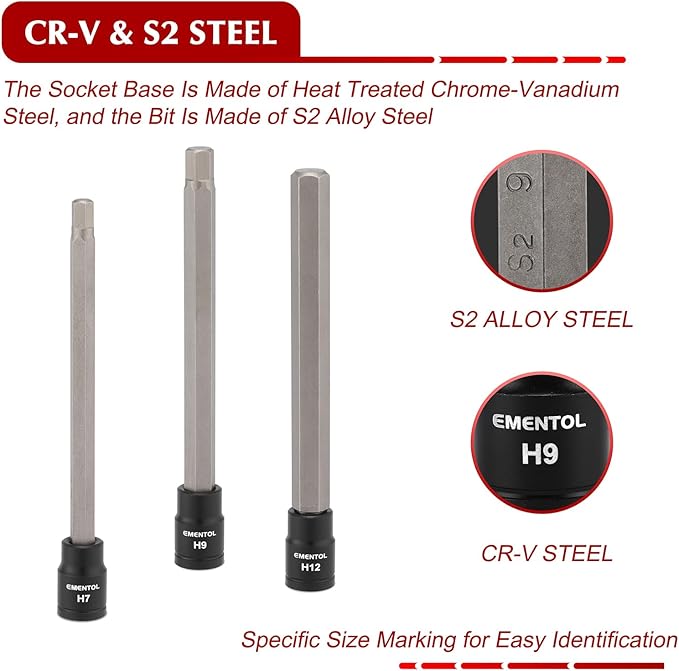 EMENTOL 20PCS 3/8-Inch Drive Hex Bit Long Socket Set, Allen Socket Set, CR-V, S2 Alloy Steel Bit, SAE/Metric, 3mm - 12mm, 1/8"-7/16"