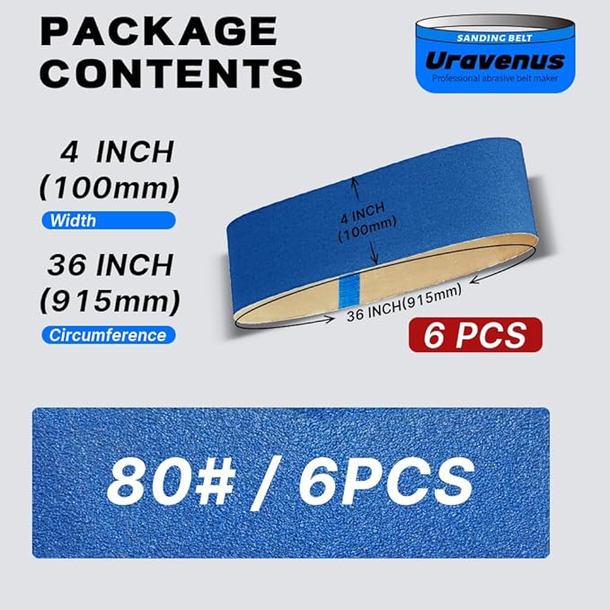 4 x 36 Inch Sanding Belts, 6 Pcs 80 Grit, Zirconia Sanding Belts for Metal Polishing, Woodworking, Surface Refining