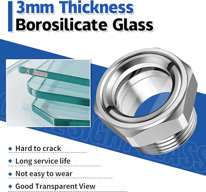 Boltigen 1-1/2'' NPT Male Hex Head Stainless Steel Oil Sight Glass, Liquid Level Gauge Oil Indicator Window for Air Compressor Gearbox Fittings Hydraulic Tank Sight Glass (1-1/2'' NPT Male)
