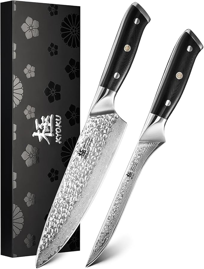 KYOKU Knife Set, Shogun Gin Series 2pc Japanese Style Kitchen Knife Set, 7" Boning 8" Chef Knife with Silver Ion Blade Sheath Gift Box, Sharp Damascus Stainless Steel Knives for Meat Vegetable