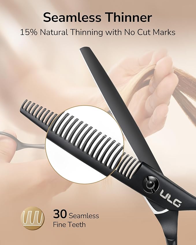 ULG Seamless Thinning Scissors ??Professional Stainless Steel, Teflon Coated, Ergonomic Offset Handles, Precision Serrated Blades for Natural Hair Thinning and Layering, Ideal for Stylists and Barbers