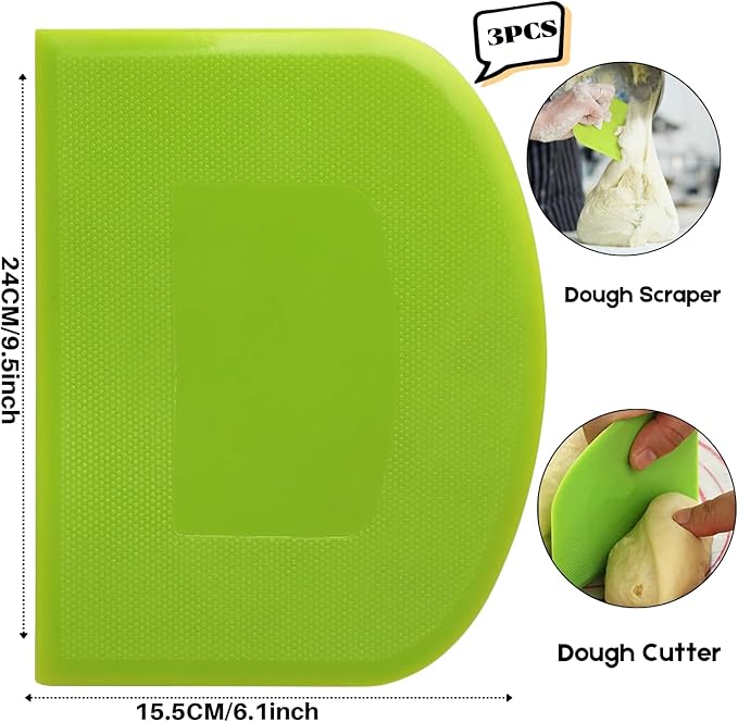 SURDOCA Dough Scraper Bench Scraper - 3P 9.5x6.1" Plastic Flexible Bowl Scraper, Sharp Edge & Angles Cake Scraper. Non-Slip Bakeware Decorating Tools Sculpting & Modeling Tools - Green+White+Green