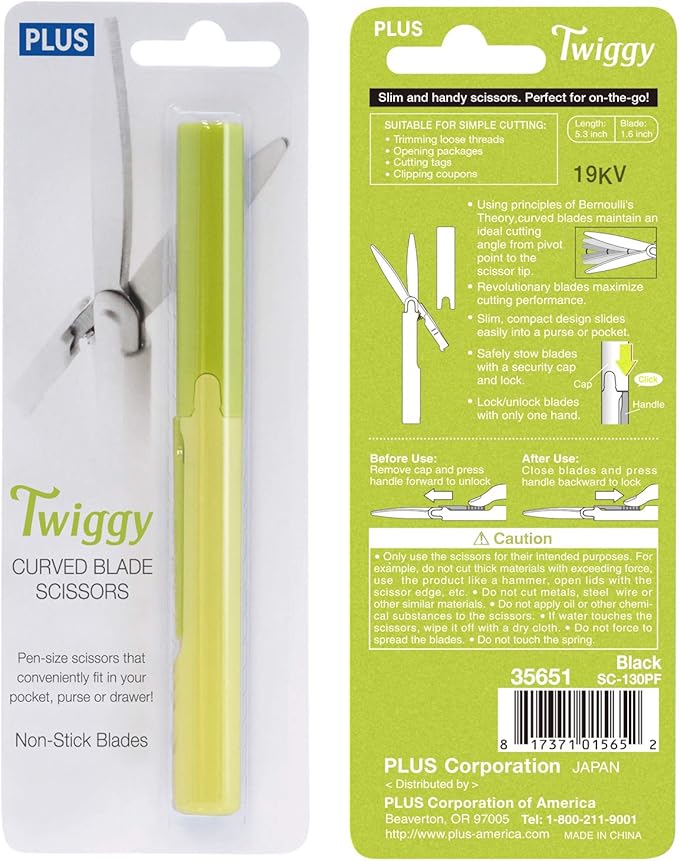 Plus Pen Style Non-Stick Compact TSA Twiggy Scissors with Cover, Green