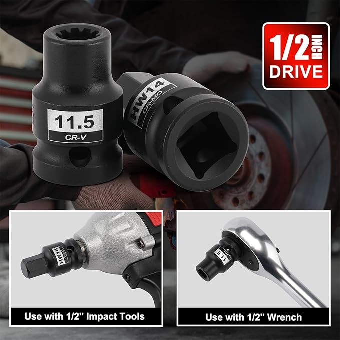Mayouko 16PCS 1/2" Drive Impact Brake Special Caliper Socket Set, 5PT 7PT 10PT M14 M18 & Hex Sockets Compatible for Audi/VW/Ford/Porsche/Benz/BMW/Mazda