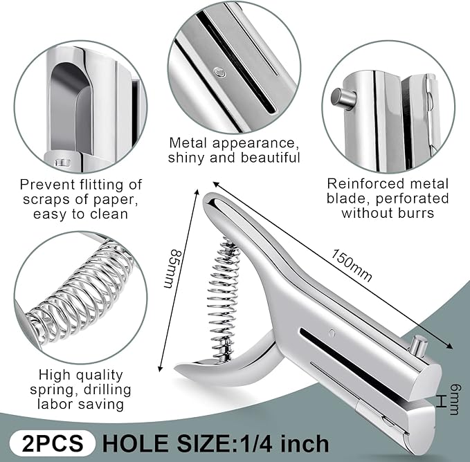 Chumia 2 Pcs Heavy Duty Hole Punch 2" Long Reach 1/4 Inch Paper Single One Hole Puncher Deep Throat Reduced Effort Hand Held Alloy Punch for ID PVC Cards 5 Inch Tall 25 Sheet Capacity