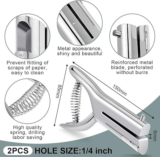Chumia 2 Pcs Heavy Duty Hole Punch 2" Long Reach 1/4 Inch Paper Single One Hole Puncher Deep Throat Reduced Effort Hand Held Alloy Punch for ID PVC Cards 5 Inch Tall 25 Sheet Capacity