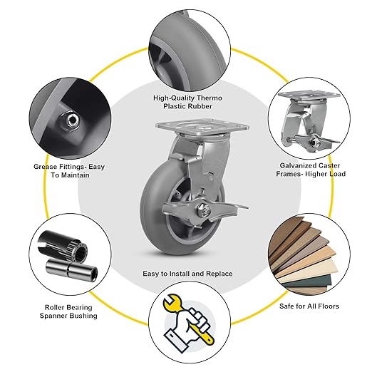 6" x 2" Heavy Duty Casters - 2000 LB Capacity- Thermoplastic Rubber Wheels(Crown Tread)- Caster Wheels for Furniture Platform Trucks Workbench (2 Brake & 2 Rigid)