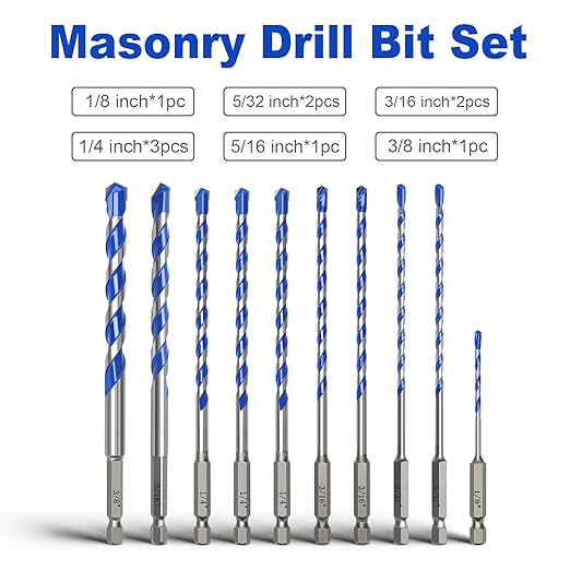 10 Pack 1/8 to 3/8 inch Masonry Drill Bit Set,Concrete Drill Bit Set with Hex Shank,Carbide Tip Drill Bits for Concrete, Cement,Tile,Brick, Plastic and Ceramic (1/8" - 3/8"竊?0 Pcs竊?