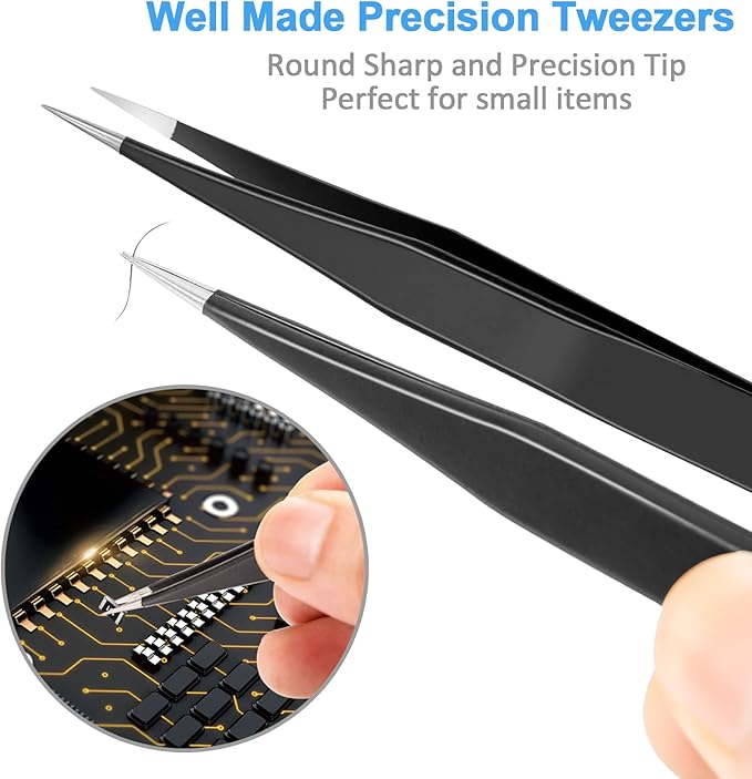 YHYZ 7pcs Precision Tweezers Set, Premium Anti-Static Stainless Steel ESD Tweezers Set Kit for Electronics, Sodlering，Jewelry, Craft, Laboratory Work, DIY(7PCS, Version)