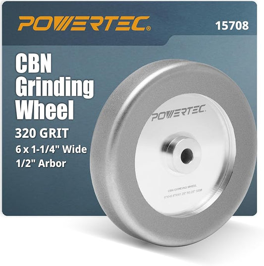 POWERTEC CBN Grinding Wheel 6 Inch 320 Grit, 1-1/4" Wide, 1/2" Arbor ??4-in-1 CBN Sharpening Wheel with 1/4" Radius Edge and Side Face for Bench Grinder (15708)