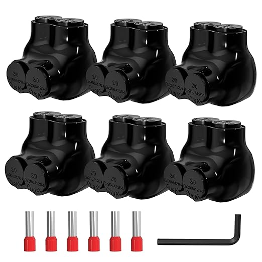 Joinfworld 2 Port Insulated Multi Tap Connector 2/0-6 Gauge Wire Connectors Aluminum to Copper Wire Connectors Single Side Entry Black Electrical Cable Connectors with Slotted Allen Hex - 6 Pack