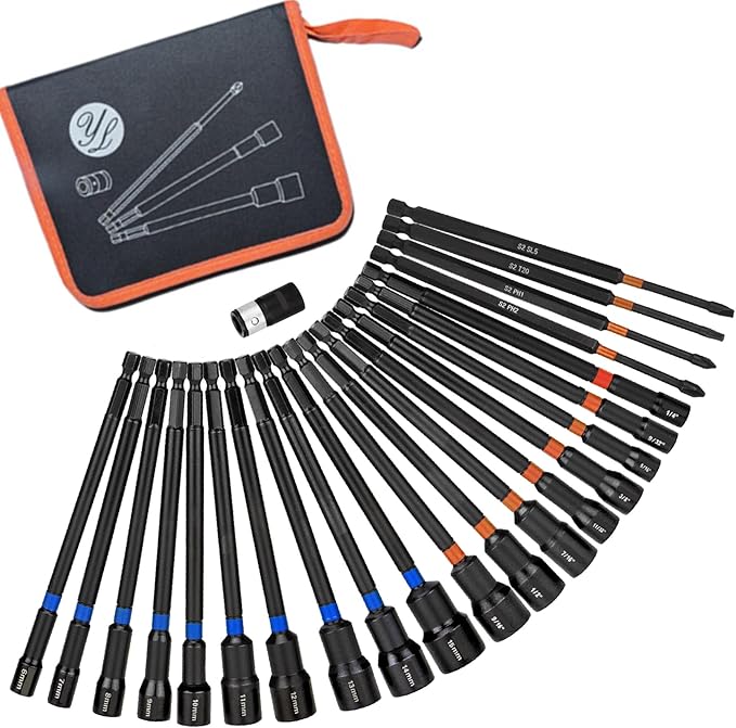 23 PCS Magnetic Nut Driver Set SAE & Metric, 6 Inch Extra Long Nut Driver Set for Impact Drill, Power Nut Setter, Extended Reach Nut Driver Bit Set 1/4"-9/16" 6-15mm PH1, PH2, SL5, T20