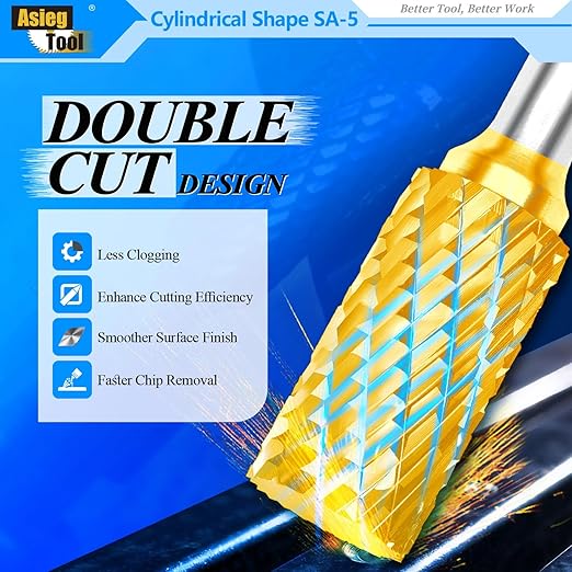 SA-5 5pcs Tungsten Carbide Burr TiN Rotary File Cylindrical Shape Double Cut for Die Grinder Drill Bits 1/4'' Inch Diameter of Shank and 1/2'' Inch Diameter of Cutter 1'' Inch Cutter Length