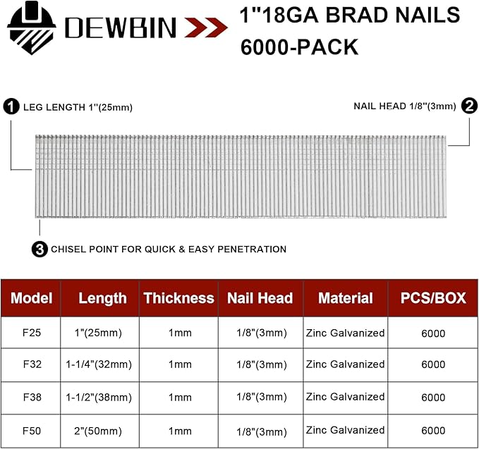 18 Gauge Brad Nails, 6000 Counts 1-inch 18 GA Brad Nails, Galvanized Nails for Nail Gun, Finishing Nail Gun Nails for Pneumatic, Electric Brad Nailer Gun