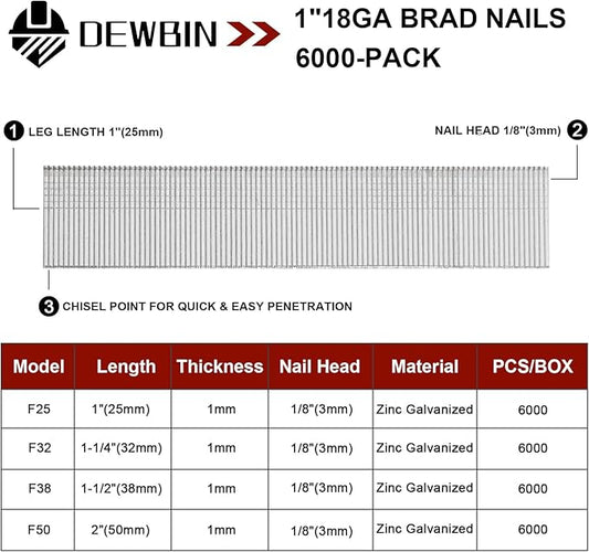 18 Gauge Brad Nails, 6000 Counts 1-inch 18 GA Brad Nails, Galvanized Nails for Nail Gun, Finishing Nail Gun Nails for Pneumatic, Electric Brad Nailer Gun