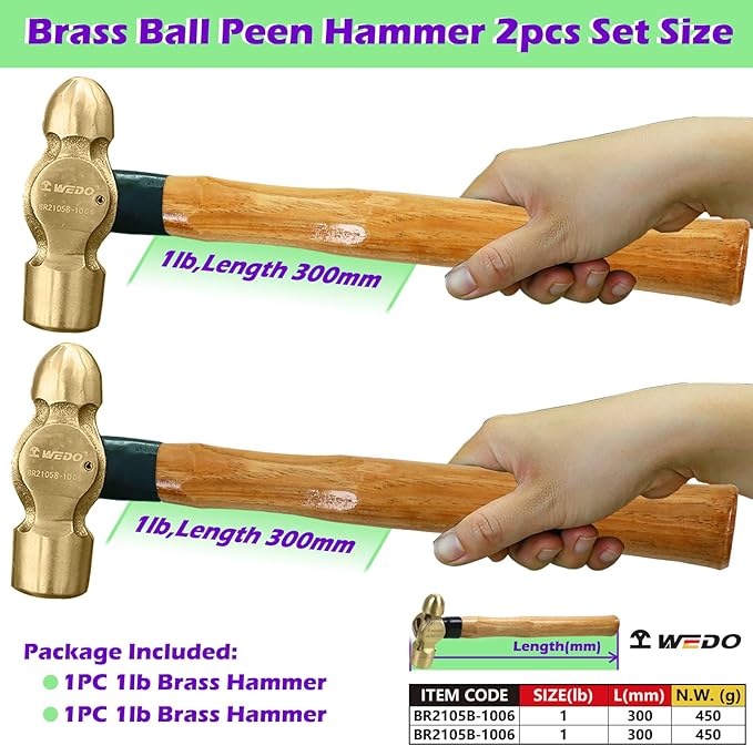 WEDO 2PCS Brass Ball Peen Hammer Set, 16 oz+16 oz(1lb+1lb), Brass Ball Pein Hammer Set with Wooden Handle, Die-Forged, Corrosion Resistant, DIN Standard