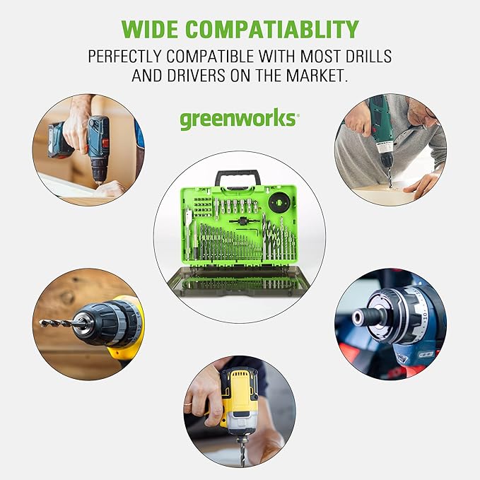 Greenworks 60 Piece Black Oxide Drilling and Driving Bit Set with Modular Case for Wood, Metal, Plastic, and Masonry,3X Longer Life,135째 Split Point,Precision-Milled
