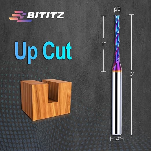 Upcut Spiral Router Bit 1/4 Inch Shank 1/8 Inch Cutting Diameter 1 inch Cutting Length with Extra Long Life Coating CNC Router Bits End Mill for Wood Cutting, Slot Mortise, Engraving