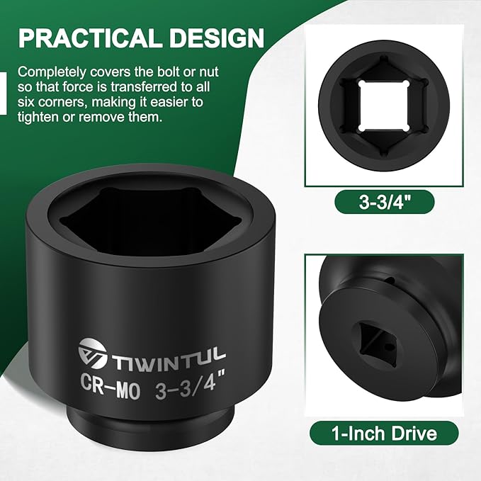 3-3/4" Impact Socket 1" Drive, Deep 6 Point CR-MO Heavy Duty Socket, Single Axle Nut Socket for Mining Trucks, Oilfield & Wind Turbine Flange Bolts, Railway & Port Equipment, ANSI Certified