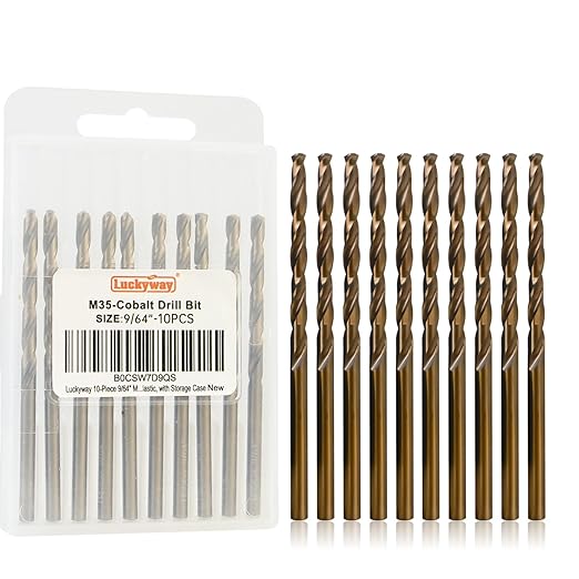 Luckyway 9/64" Cobalt Drill Bit (10 Pcs), Jobber Length Twist Drill Bit Set for Hard Metal, Stainless Steel, Cast Iron, Wood and Plastic, with Storage Case