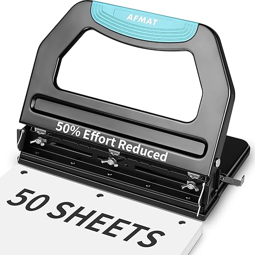 AFMAT 3 Hole Punch Heavy Duty, 9/32" Holes, 50-Sheet Hole Puncher 3 Ring, 50% Reduced Effort, Adjustable Two & Three Hole Punch, Metal Paper Puncher w/Large Chip Tray, Metal Paper Guide, Black, HP18