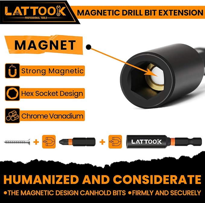Drill Bit Extension Set, LATTOOK 6PCS Magnetic Drill Extension Bit Holder for Impact Driver, 1/4" Hex Shank Drill Bit Extender, 2.3'', 4'', 6'' Drill Bit Extension
