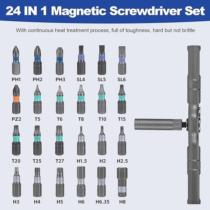 Screwdriver Set, Bsntek 24 in 1 Magnetic Screwdriver Set, Detachable T Handle Ratchet Screwdriver, Mini Precision Tool Kit for PC Furniture Watch Bicycle DIY