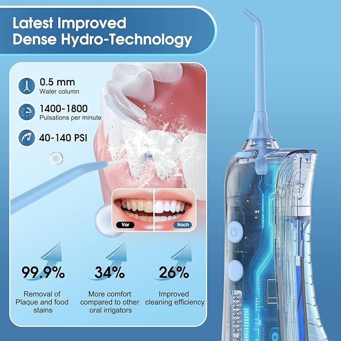 Leominor Water Dental Flosser - 5 Modes Cordless Oral Irrigator, IPX7 Waterproof, Rechargeable Teeth Cleaner Upgrade Datchable Tank Professional Flossing Cleaning Pick for Home Travel(S Blue)
