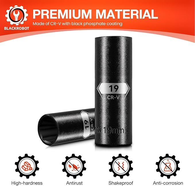BLACKROBOT 1/2 Inch Drive 6-Point Deep Socket, 19mm Deep Impact Socket, CR-V Steel