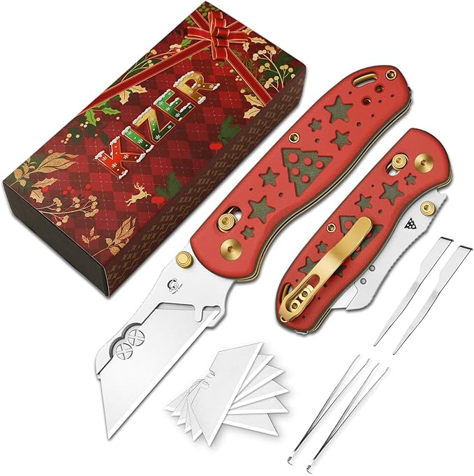 Kizer Uti Bear(Dual-screw Version) Folding Utility Knife, Clutch Lock Box Cutter EDC Pocket knife with 5PCS Razor Blades, G10 Handle Pocket Knives for Men Women Christmas Gift V3619JMC1