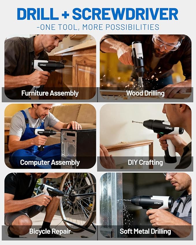 Litheli 4V Cordless Drill & Screwdriver, Brushless Power Drill Set with 2 Variable Speeds, 3/8" Keyless Chuck, 4000mAh Rechargeable Battery, LED Light, for Home DIY & Furniture Assembly