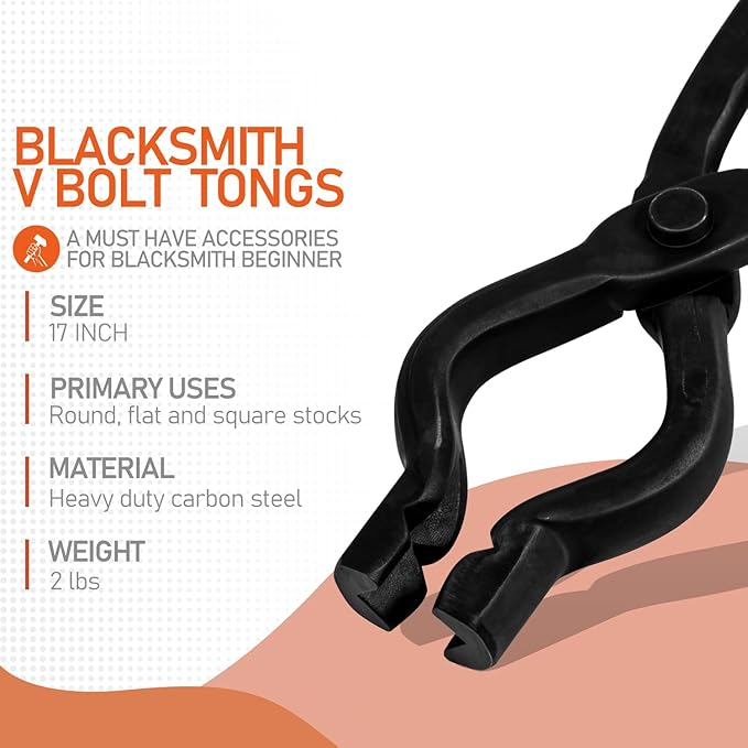 17" V-Bit Bolt Knife Making Tongs, Blacksmith Bladesmith Anvil Forge Assembled Wolf Jaw Tongs for Beginner & Seasoned Blacksmiths