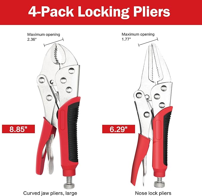 4pcs Lock Pliers Set Vice Grips Pliers Included 8.85 ", 7.48", 5.51 "Curved Jaw And 6.29" Nose Lock Wrench Set for Welding, Metal Bending & Woodworking - Ergonomic Handle