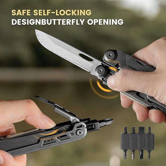 Multitool, 33-in-1 Stainless Steel Multi Tool Pliers with Screwdriver Sleeve, Damascus Pocket Knife, Nylon Sheath for Outdoor, Survival, Camping, Hiking, Simple Repair